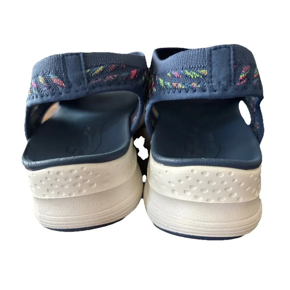 Skechers Womens Size 8 Catchy Wave Arch Fit Navy Blue Rainbow Knit Sandals